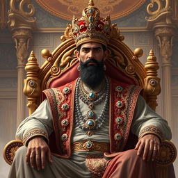 A majestic portrayal of a king named Raja, sitting on a grand throne adorned with jewels