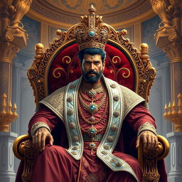 A majestic portrayal of a king named Raja, sitting on a grand throne adorned with jewels