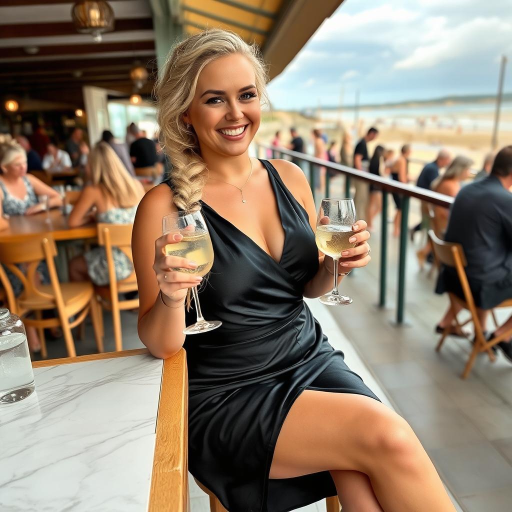 A curvy blond woman with hair in a plait is sitting in a cafe overlooking the beach at Lyme Regis