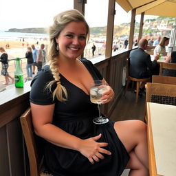 A curvy blond woman with hair in a plait is sitting in a cafe overlooking the beach at Lyme Regis