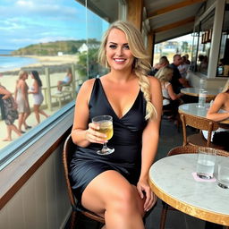 A curvy blond woman with hair in a plait is sitting in a cafe overlooking the beach at Lyme Regis