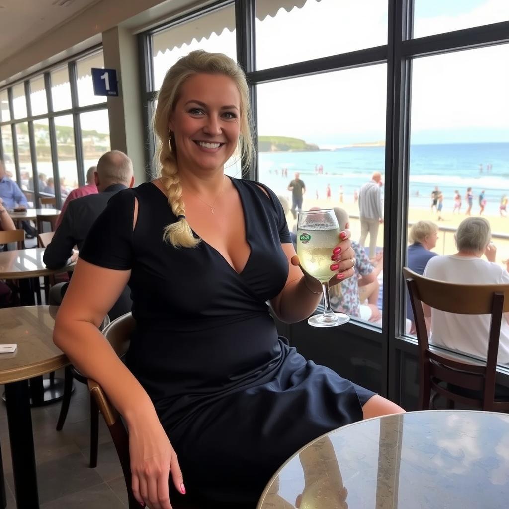 A curvy blond woman with hair in a plait is sitting in a cafe overlooking the beach at Lyme Regis