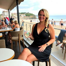 A curvy blond woman with hair in a plait is sitting in a cafe overlooking the beach at Lyme Regis