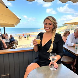 A curvy blond woman with hair in a plait is sitting in a cafe overlooking the beach at Lyme Regis