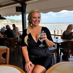 A curvy blond woman with hair in a plait is sitting in a cafe overlooking the beach at Lyme Regis