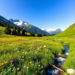 A serene landscape featuring a lush green meadow with colorful wildflowers, a clear blue sky, and a gentle stream flowing through