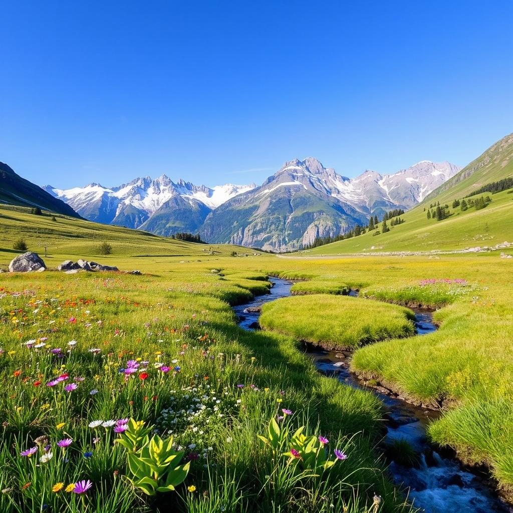 A serene landscape featuring a lush green meadow with colorful wildflowers, a clear blue sky, and a gentle stream flowing through