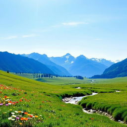 A serene landscape featuring a lush green meadow with colorful wildflowers, a clear blue sky, and a gentle stream flowing through