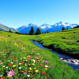 A serene landscape featuring a lush green meadow with colorful wildflowers, a clear blue sky, and a gentle stream flowing through