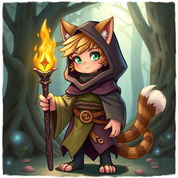 A young mage with cat-like features, including pointy ears and a tail, wearing a magical robe and holding a glowing staff