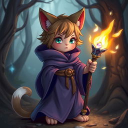 A young mage with cat-like features, including pointy ears and a tail, wearing a magical robe and holding a glowing staff