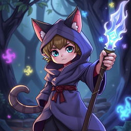 A young mage with cat-like features, including pointy ears and a tail, wearing a magical robe and holding a glowing staff