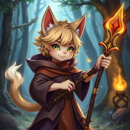 A young mage with cat-like features, including pointy ears and a tail, wearing a magical robe and holding a glowing staff