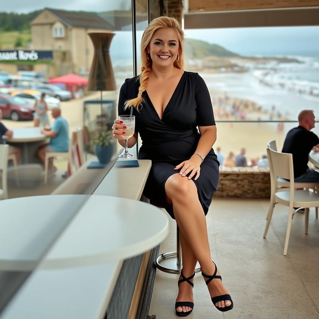 A curvy blond woman with hair in a plait is sitting in a cafe overlooking the beach at Lyme Regis