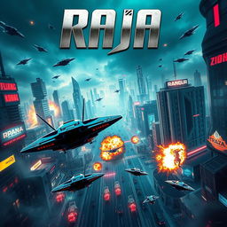 An action film poster for a movie titled 'Raja' featuring advanced technology and futuristic elements