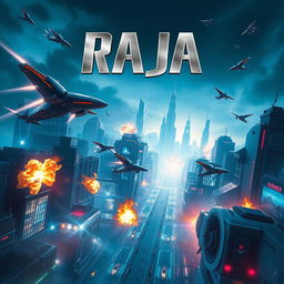 An action film poster for a movie titled 'Raja' featuring advanced technology and futuristic elements