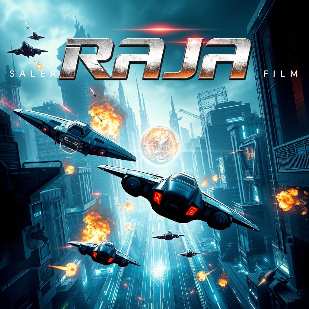 An action film poster for a movie titled 'Raja' featuring advanced technology and futuristic elements