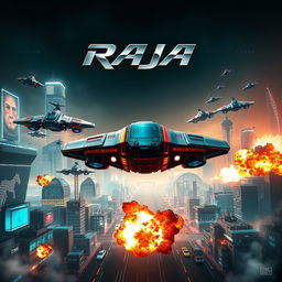 An action film poster for a movie titled 'Raja' featuring advanced technology and futuristic elements