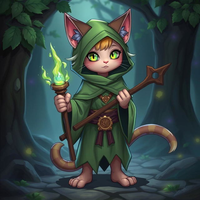 A young mage with cat-like features, including pointy ears and a tail, wearing green magical robes and holding a glowing staff