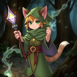 A young mage with cat-like features, including pointy ears and a tail, wearing green magical robes and holding a glowing staff