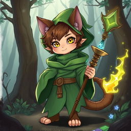 A young mage with cat-like features, including pointy ears and a tail, wearing green magical robes and holding a glowing staff