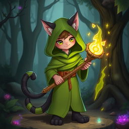 A young mage with cat-like features, including pointy ears and a tail, wearing green magical robes and holding a glowing staff