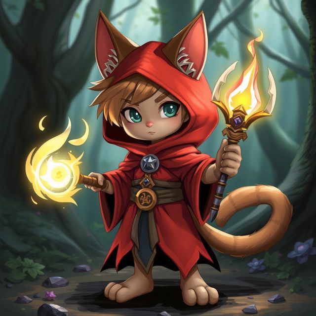 A young mage with cat-like features, including pointy ears and a tail, wearing red magical robes and holding a glowing staff