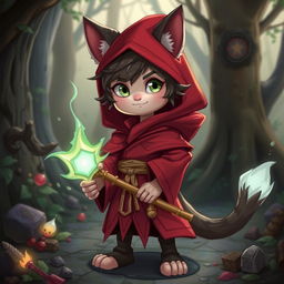 A young mage with cat-like features, including pointy ears and a tail, wearing red magical robes and holding a glowing staff