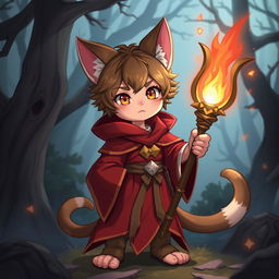 A young mage with cat-like features, including pointy ears and a tail, wearing red magical robes and holding a glowing staff