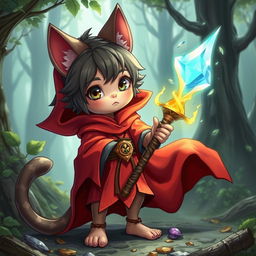 A young mage with cat-like features, including pointy ears and a tail, wearing red magical robes and holding a glowing staff