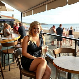 A curvy blond woman with hair in a plait is sitting in a cafe overlooking the beach at Lyme Regis