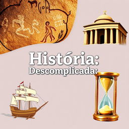 An image featuring cave paintings, historical monuments, a caravel, and an hourglass