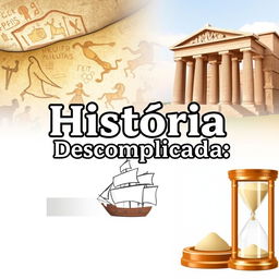 An image featuring cave paintings, historical monuments, a caravel, and an hourglass