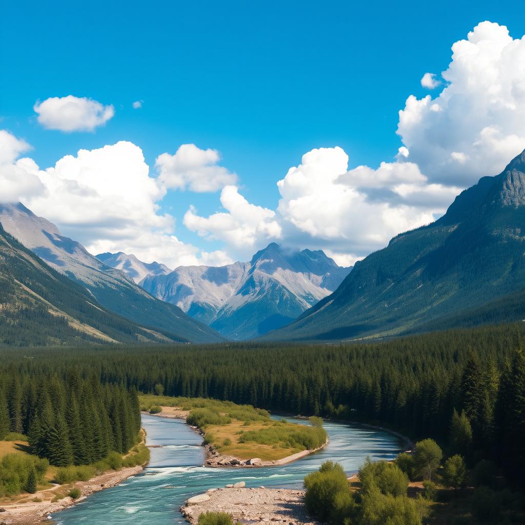 A beautiful landscape with mountains, a river flowing through a forest, and a clear blue sky with fluffy white clouds