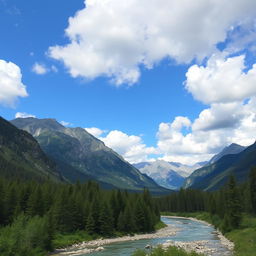 A beautiful landscape with mountains, a river flowing through a forest, and a clear blue sky with fluffy white clouds