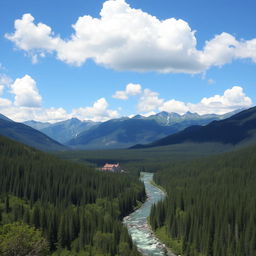 A beautiful landscape with mountains, a river flowing through a forest, and a clear blue sky with fluffy white clouds