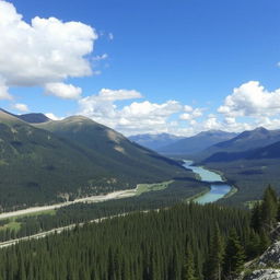 A beautiful landscape with mountains, a river flowing through a forest, and a clear blue sky with fluffy white clouds