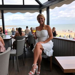 A curvy blond woman with hair in a plait is sitting in a cafe overlooking the beach at Lyme Regis