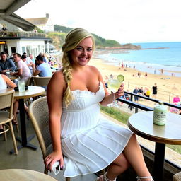 A curvy blond woman with hair in a plait is sitting in a cafe overlooking the beach at Lyme Regis