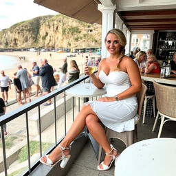 A curvy blond woman with hair in a plait is sitting in a cafe overlooking the beach at Lyme Regis