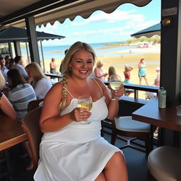 A curvy blond woman with hair in a plait is sitting in a cafe overlooking the beach at Lyme Regis