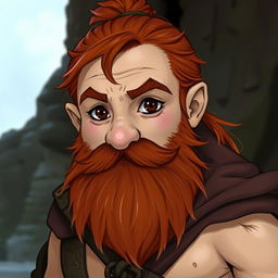 A dwarf sorcerer with a round face and dark brown eyes