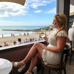 A curvy blond woman with hair in a plait is sitting in a cafe overlooking the beach at Lyme Regis