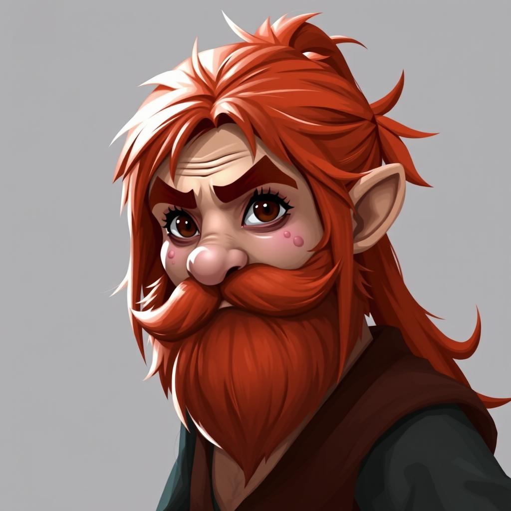 A dwarf sorcerer with a round face, dark brown eyes, and red hair