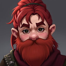 A dwarf sorcerer with a round face, dark brown eyes, and red hair