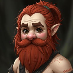 A dwarf sorcerer with a round face, dark brown eyes, and red hair