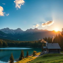 A beautiful landscape featuring a serene lake surrounded by lush green forests and majestic mountains in the background