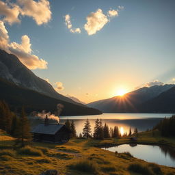 A beautiful landscape featuring a serene lake surrounded by lush green forests and majestic mountains in the background