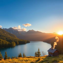 A beautiful landscape featuring a serene lake surrounded by lush green forests and majestic mountains in the background