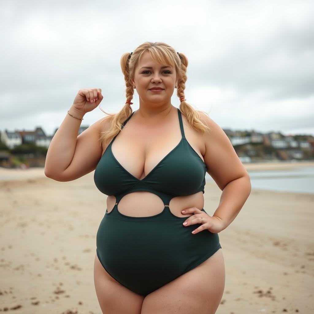 A bbw, fat and plump blond woman with hair in pigtails is posing on St Ives beach with the town behind her